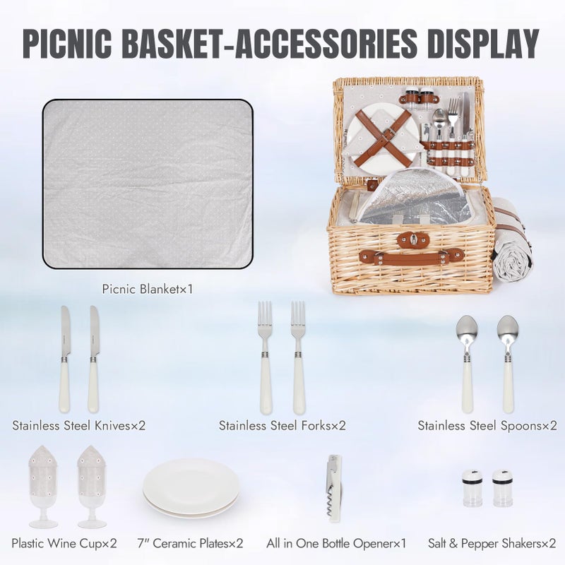 HappyPicnic Picnic Basket Set for 2 - Wicker Picnic Basket with Waterproof Blanket & Insulated Liner  Large Handmade Willow Hamper with Cutlery Kit for Outdoor  Picnic  Camping  Holidays (Flower) - Image 4
